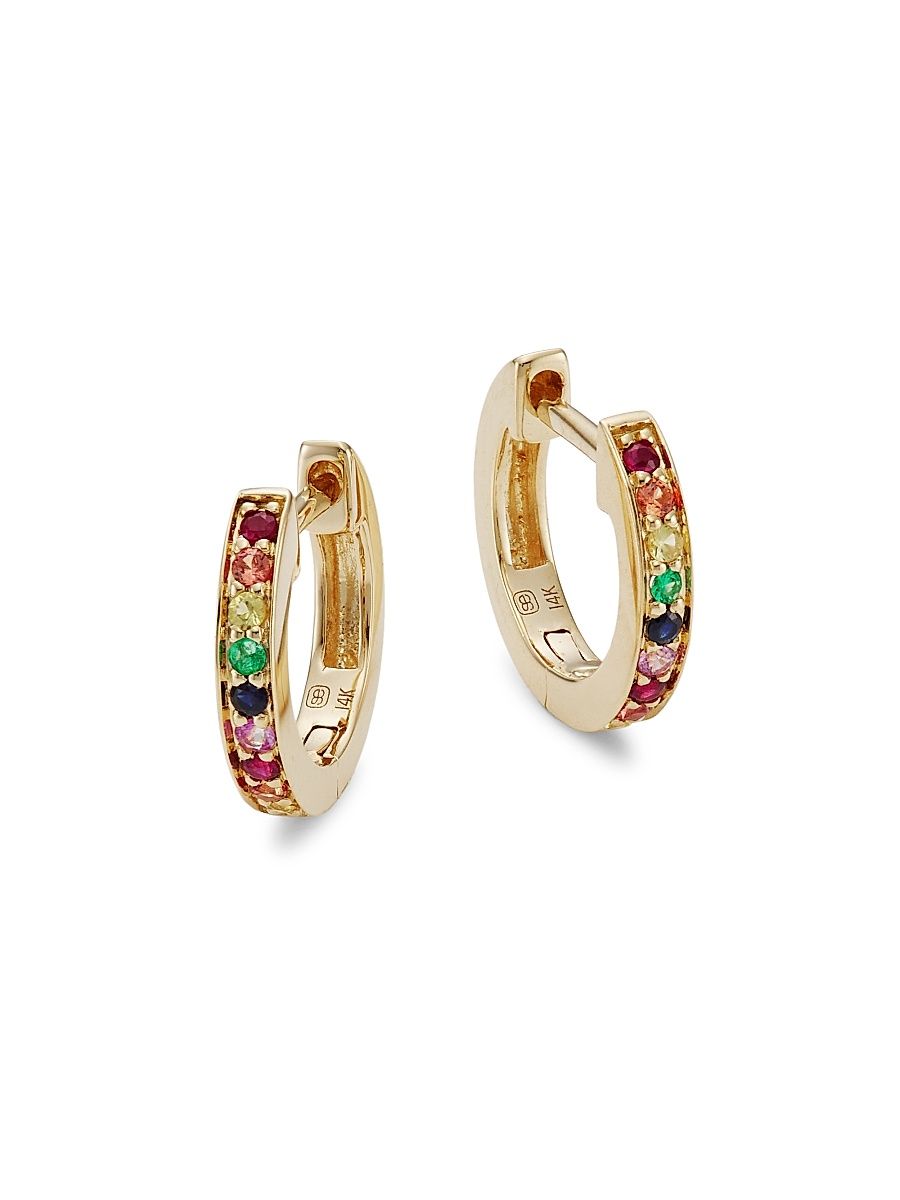 Women's Rainbow Sapphire Huggie Hoop Earrings - Rainbow