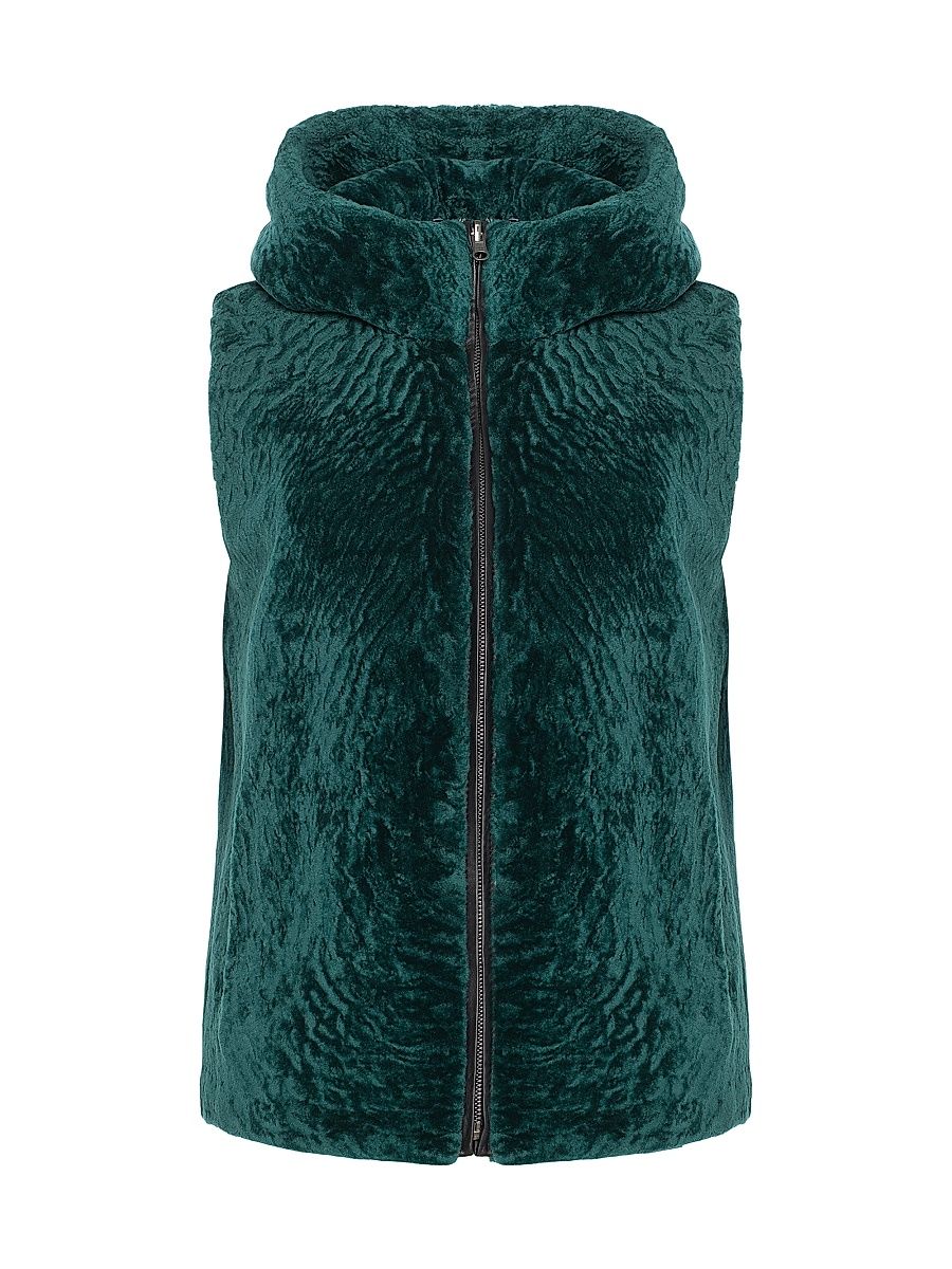 Women's Shearling Lamb Vest Hooded Reversible to Taffeta - Emerald - Size Medium