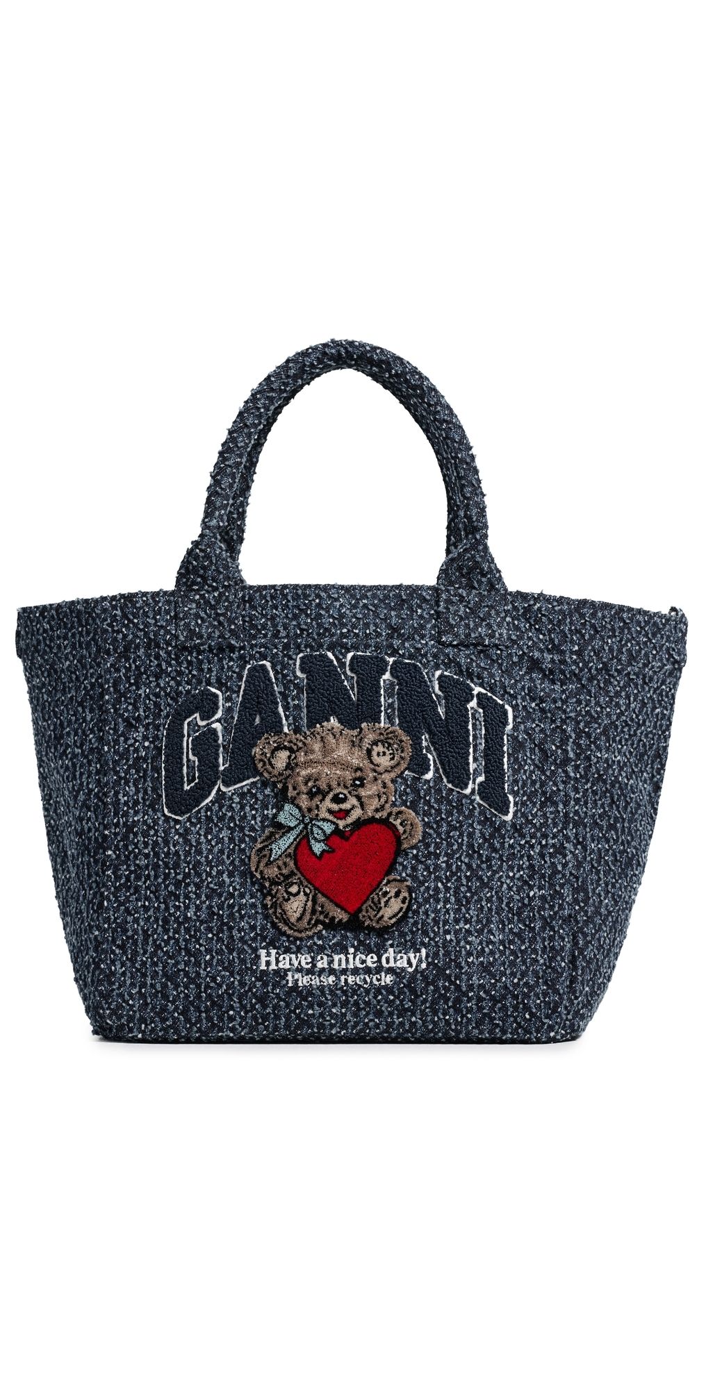 GANNI Small Trapeze Shopper Bear Tweed Denim Tote Rinse One Size