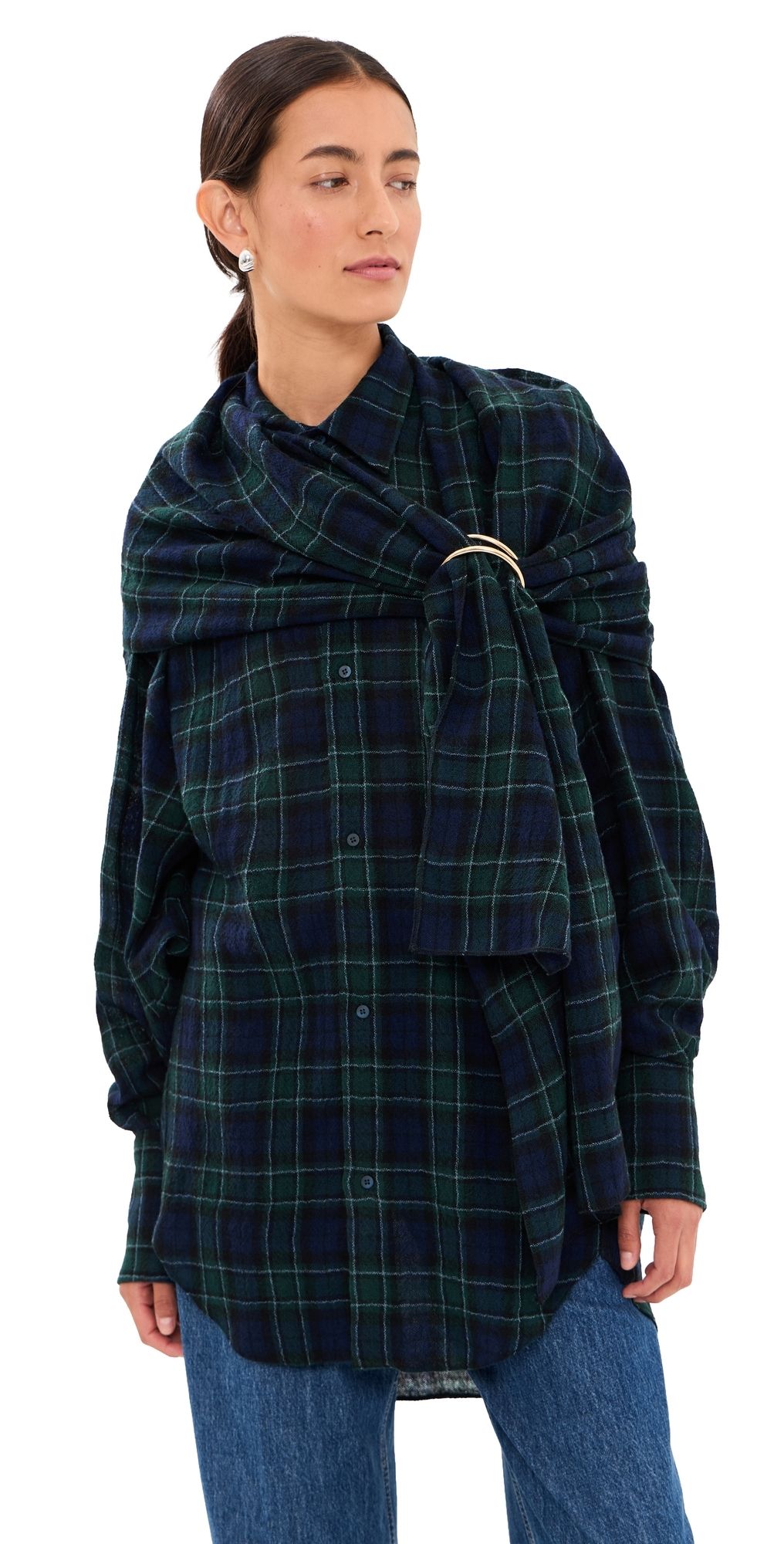 DARKPARK Georgia Detachable Scarf Button Down Shirt Blue/Green/White XS