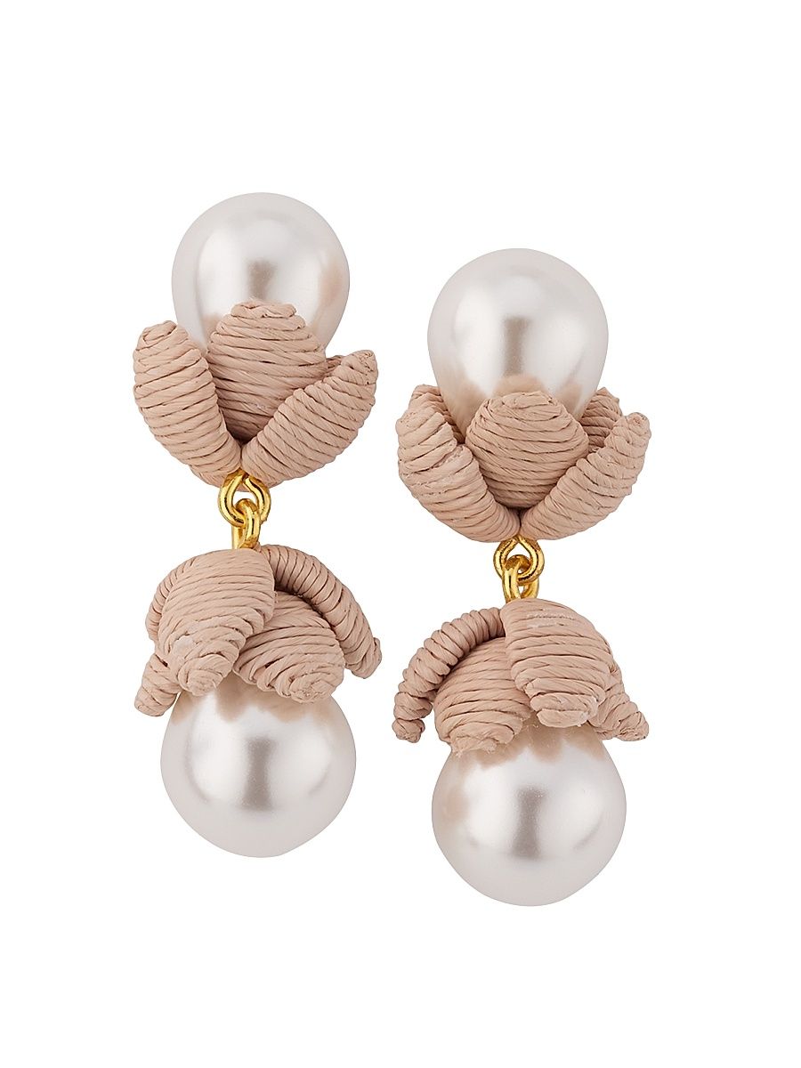 Women's 14K-Gold-Plated, Raffia & Imitation Pearl Drop Earrings - Beige
