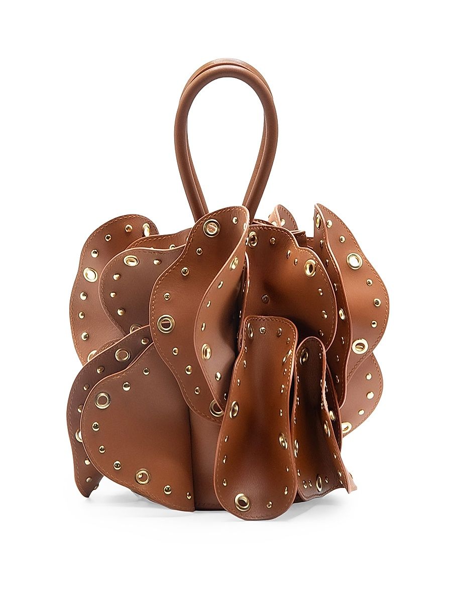 Women's Flower Studded Leather Bag - Cuoio