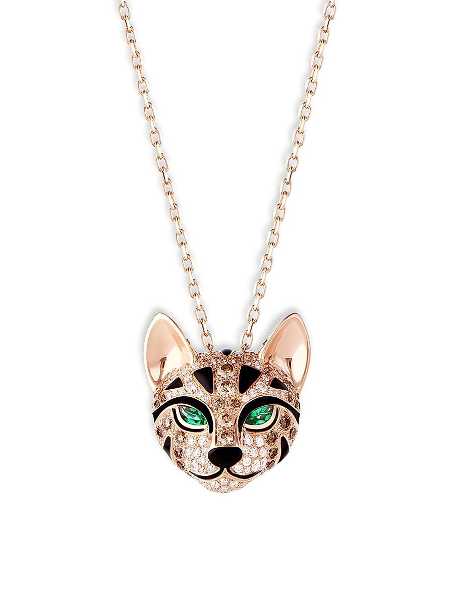 Women's Animaux 18K Rose Gold, Two-Tone Diamond & Emerald Fuzzy The Leopard Pedant Necklace - Rose Gold