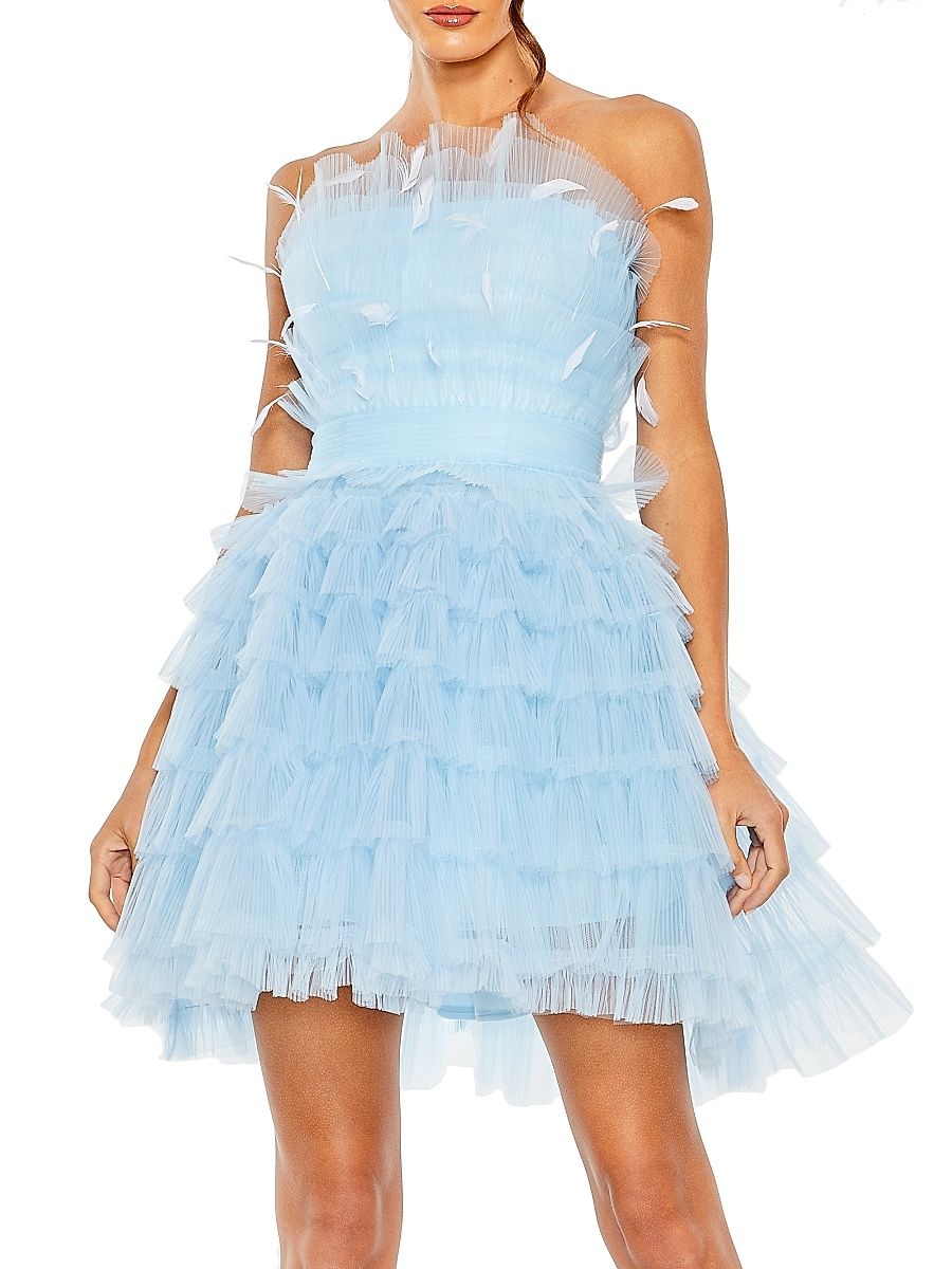 Women's Tiered Feather & Tulle Mini-Dress - Powder Blue - Size 10