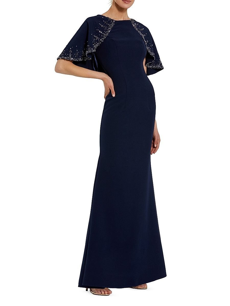 Women's Crêpe Beaded Shawl Column Gown - Midnight - Size 6