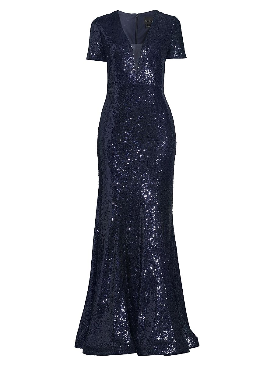 Women's Sequined Fit & Flare Gown - Navy - Size 16
