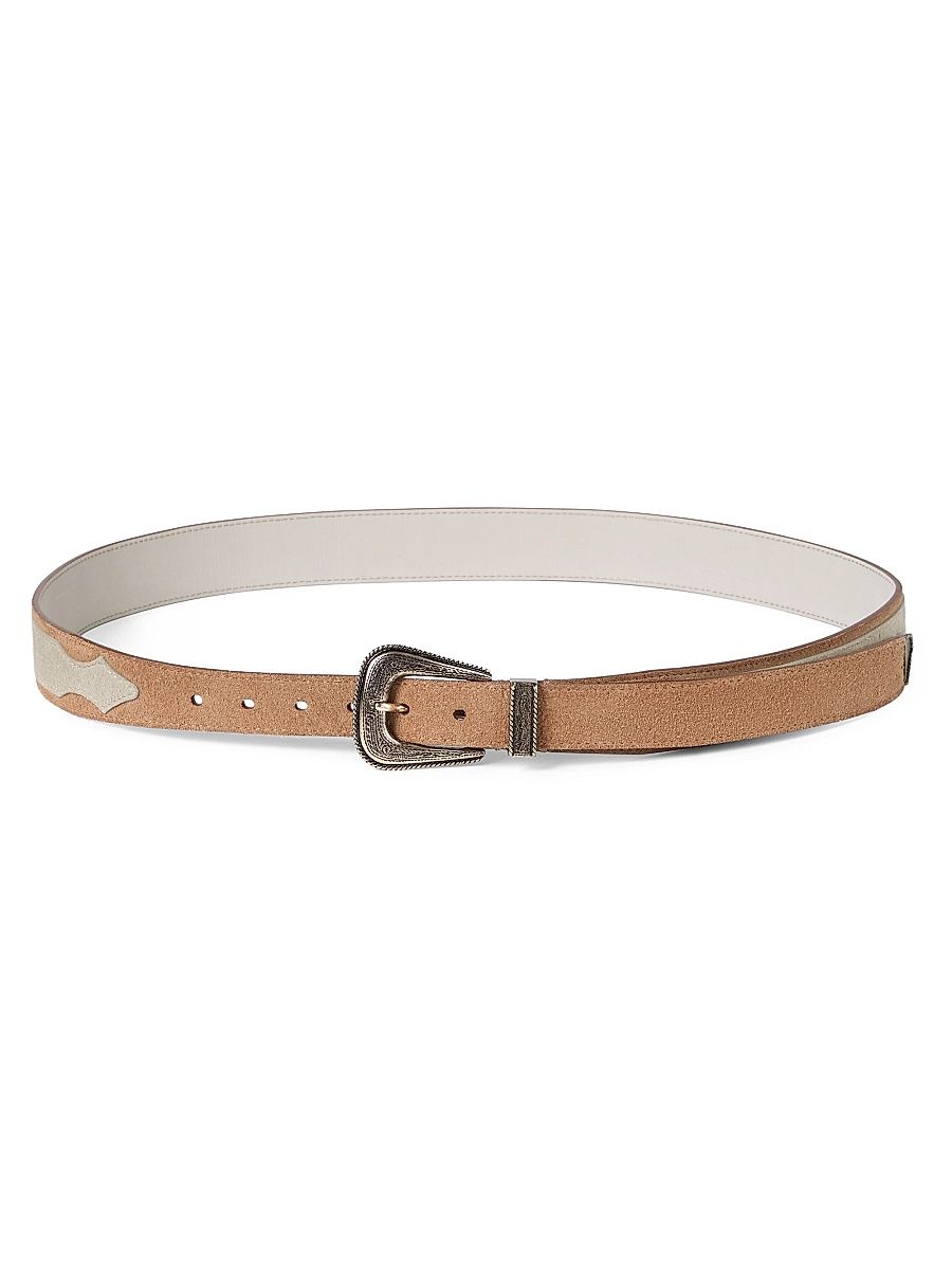 Men's Two Tone Reversed Calfskin Belt with Detailed Buckle and Tip - Light Brown - Size 38