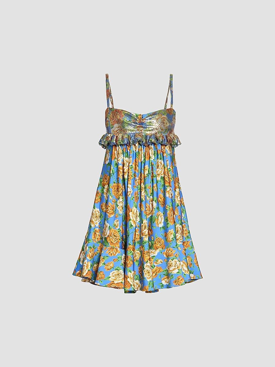 Rabanne Women's Floral Frilled-Bust Minidress - Floral Blue Orange - Size 12