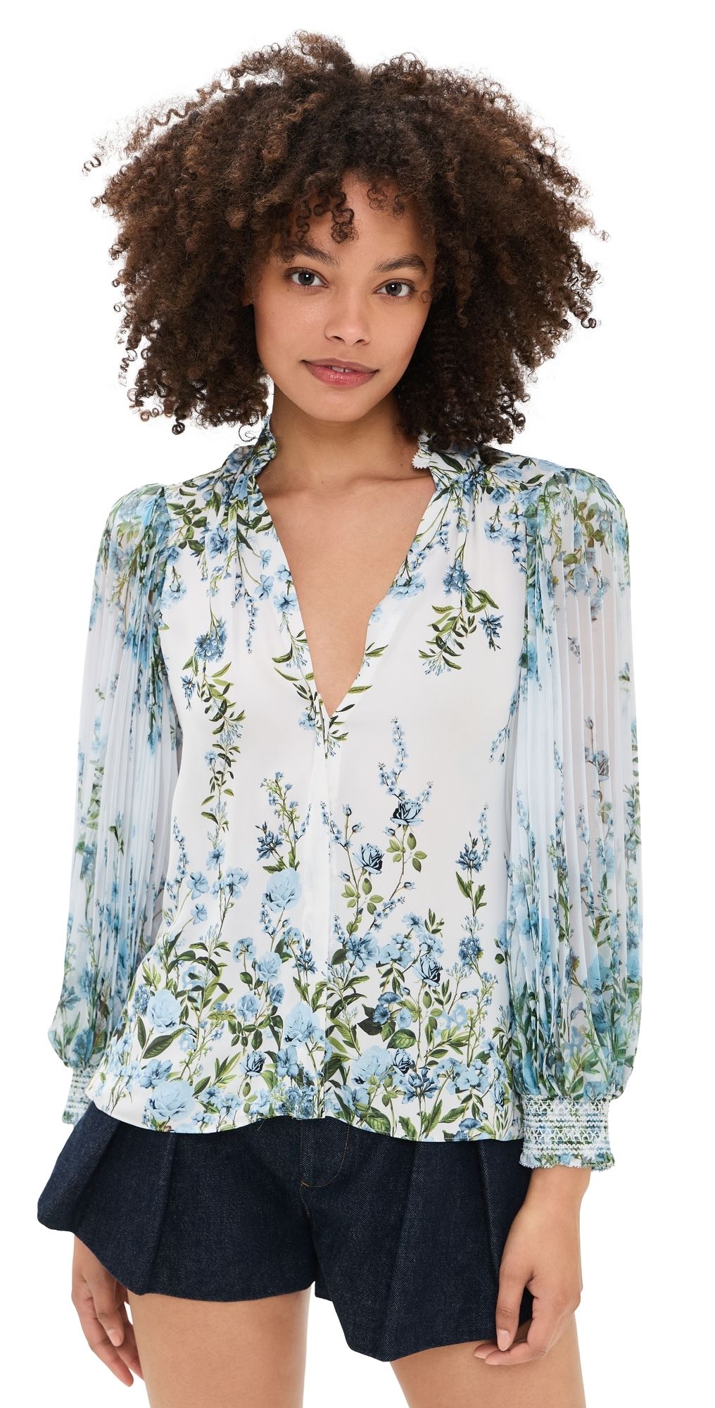 ALICE + OLIVIA Pleated Blouson Sleeve Button Front Blouse FRESH AIR CAROLINA BLUE XL