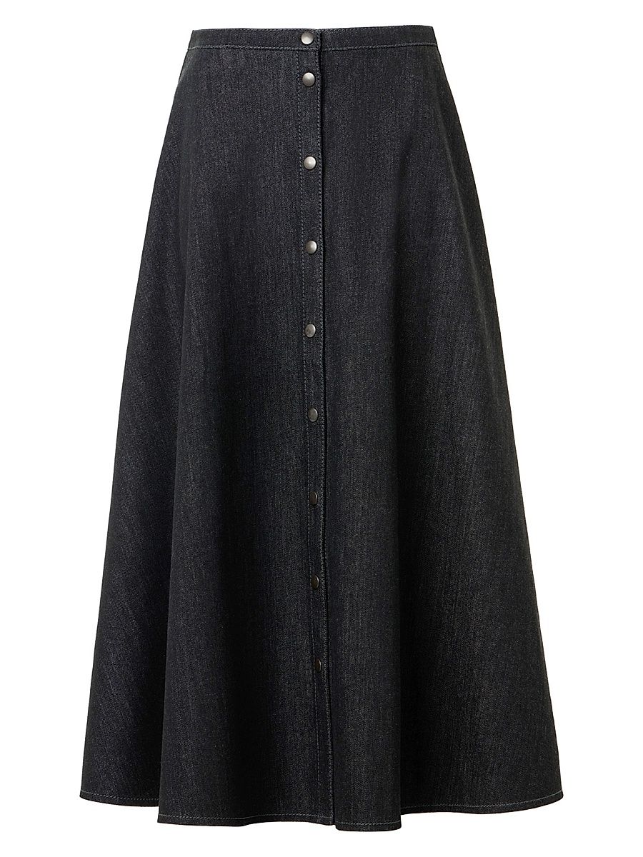 Women's Stretch Denim Button-Front Midi-Skirt - Black Denim - Size 16