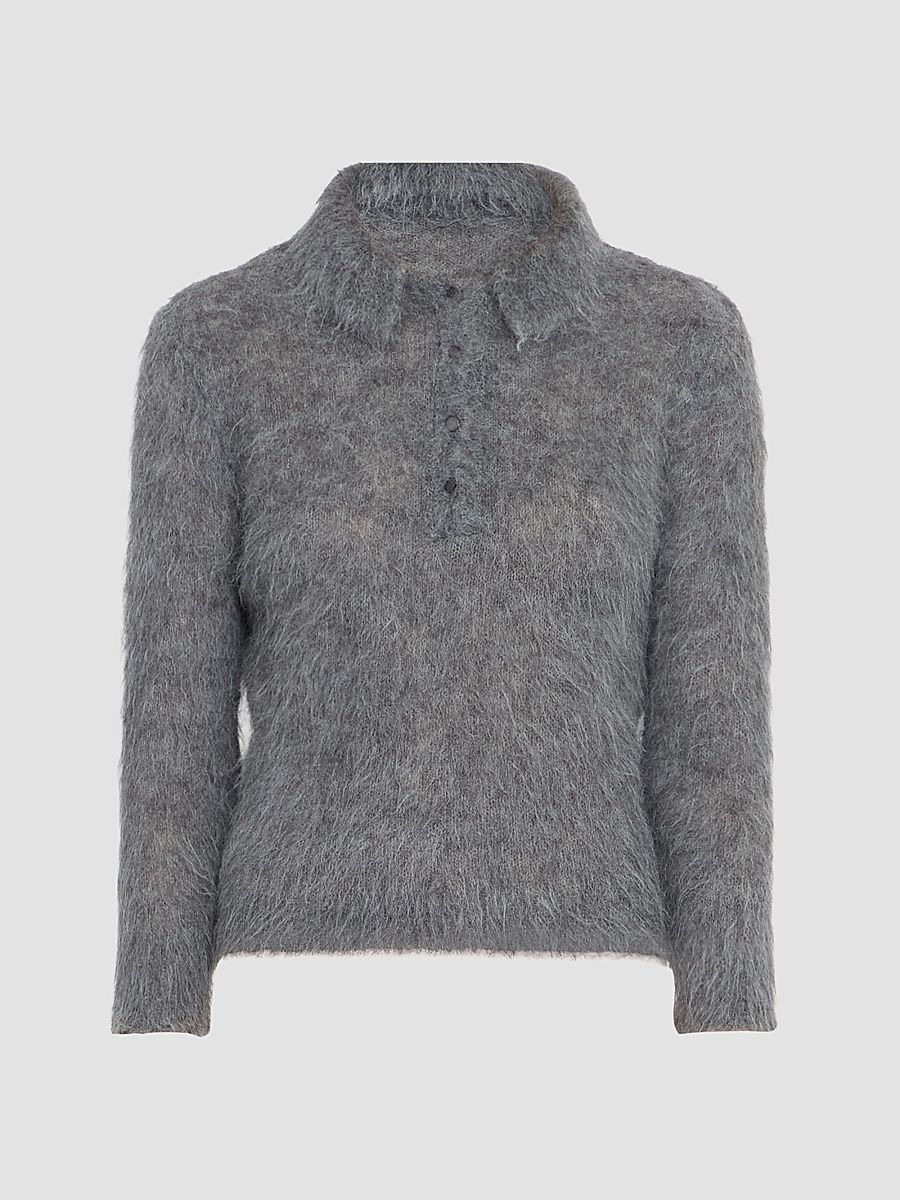 Women's Shaggy Wool-Blend Polo Sweater - Smoky Grey - Size XS