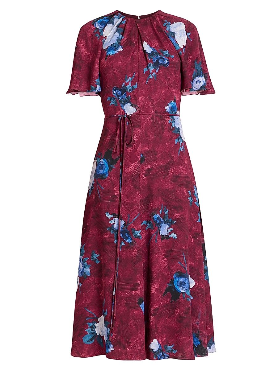 Women's Floral Midi-Dress - Abstract Rose Mulberry Red - Size 8