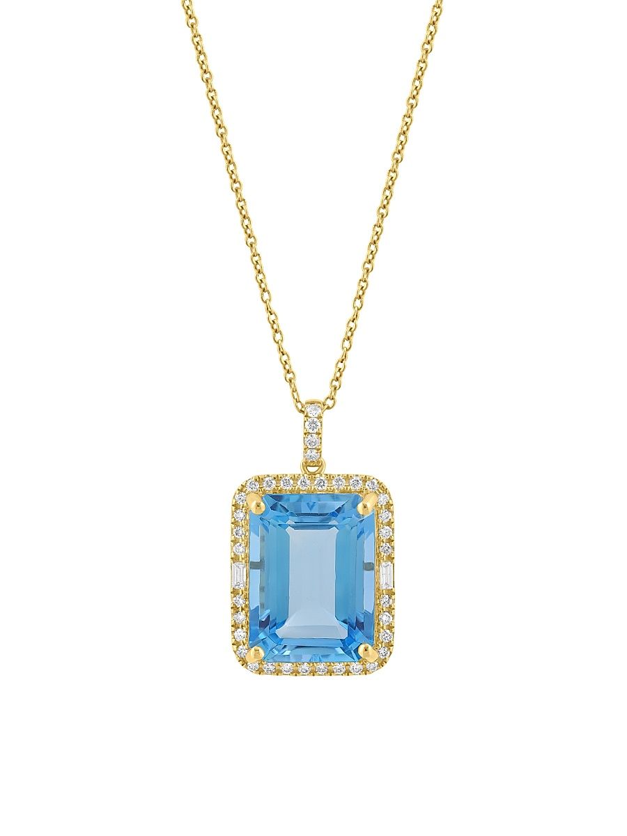 Women's 14K Yellow Gold, Sky Blue Topaz & 0.33 TCW Diamond Halo Pendant Necklace - Yellow Gold