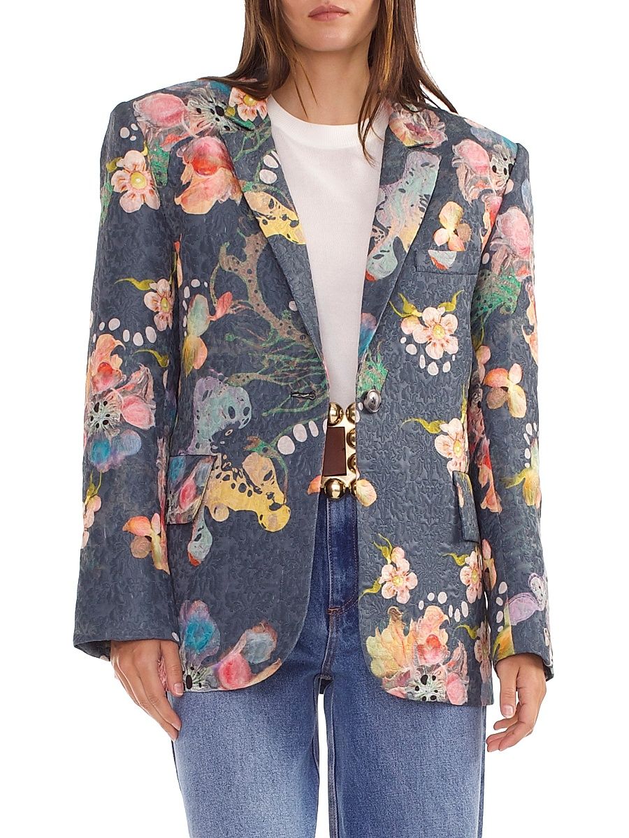 Women's Floral Brocade Oversized Single-Breasted Blazer - Grey Floral - Size Small
