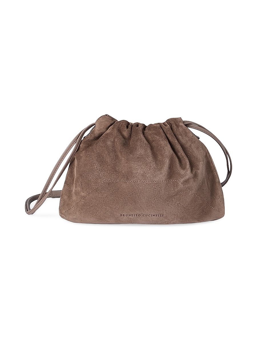 Women's Duo Pouch Bag in Suede with Monili - Brown