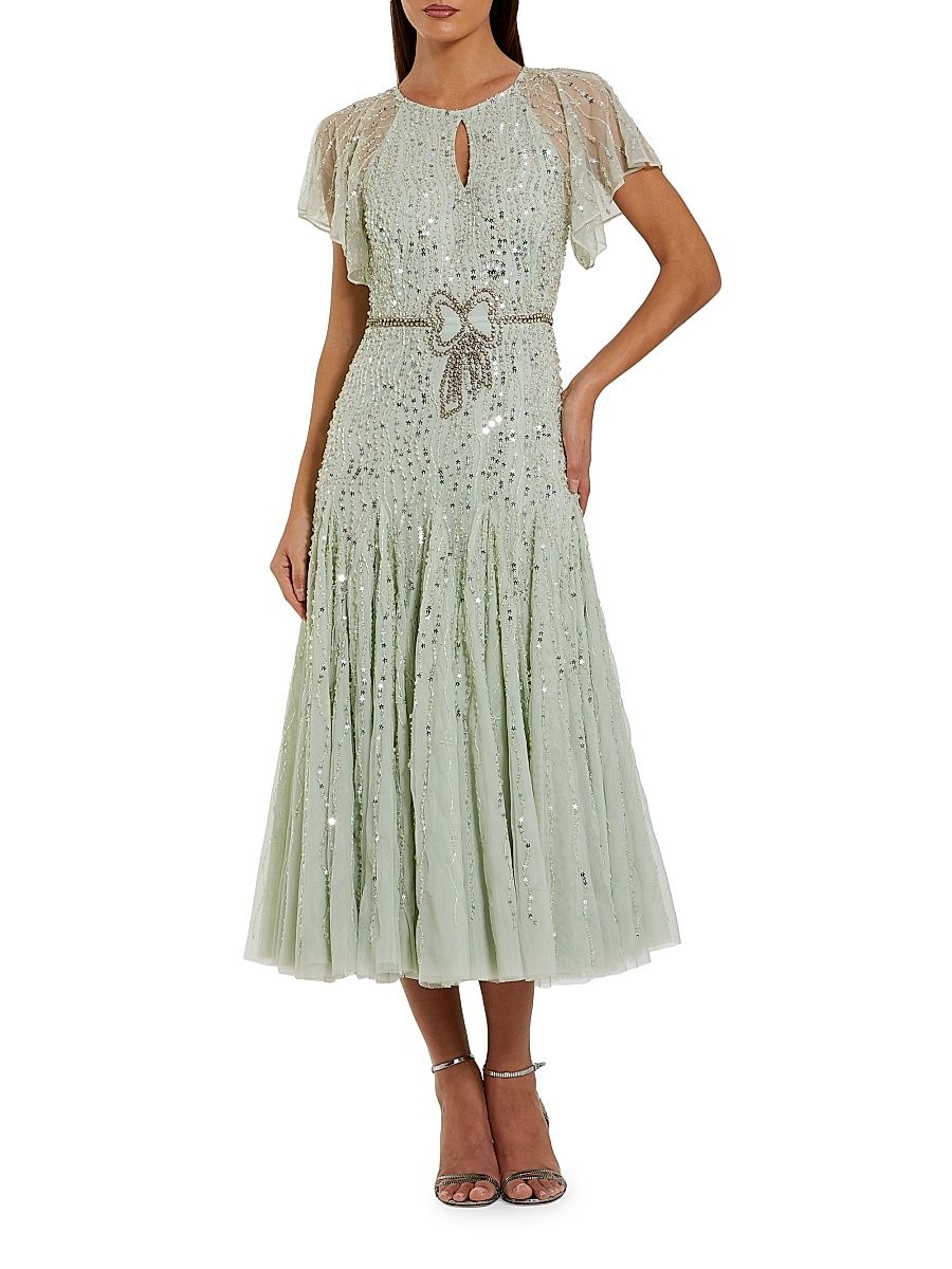 Women's Beaded Mesh Flutter-Sleeve Cocktail Dress - Seafoam - Size 16