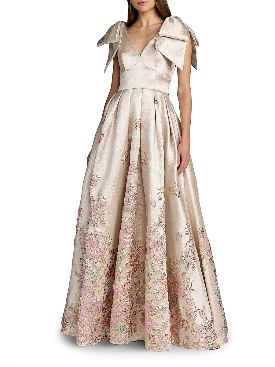 Women's Floral Brocade Bow V-Neck Gown - Champagne Multi - Size 14
