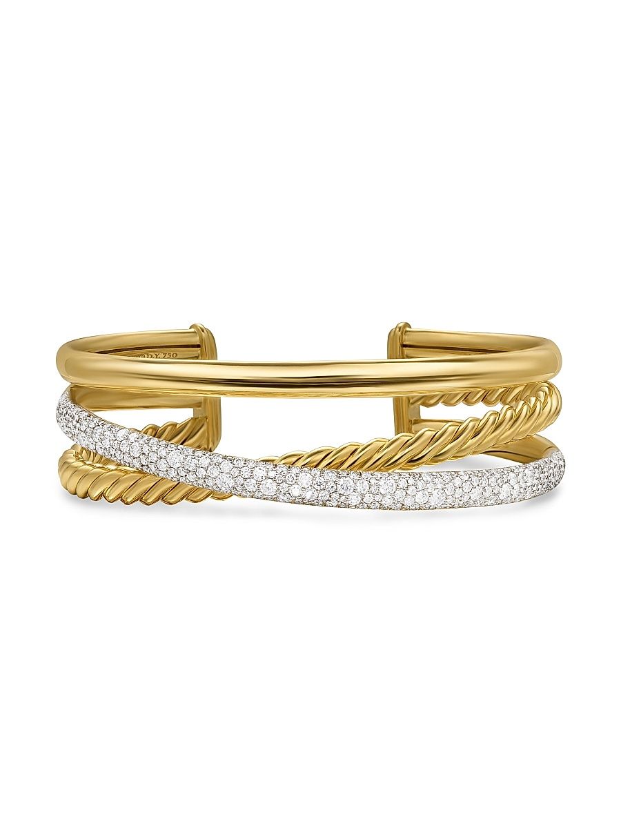 Women's Pavé Crossover Three Row Cuff Bracelet In 18K Yellow Gold - Gold - Size Large