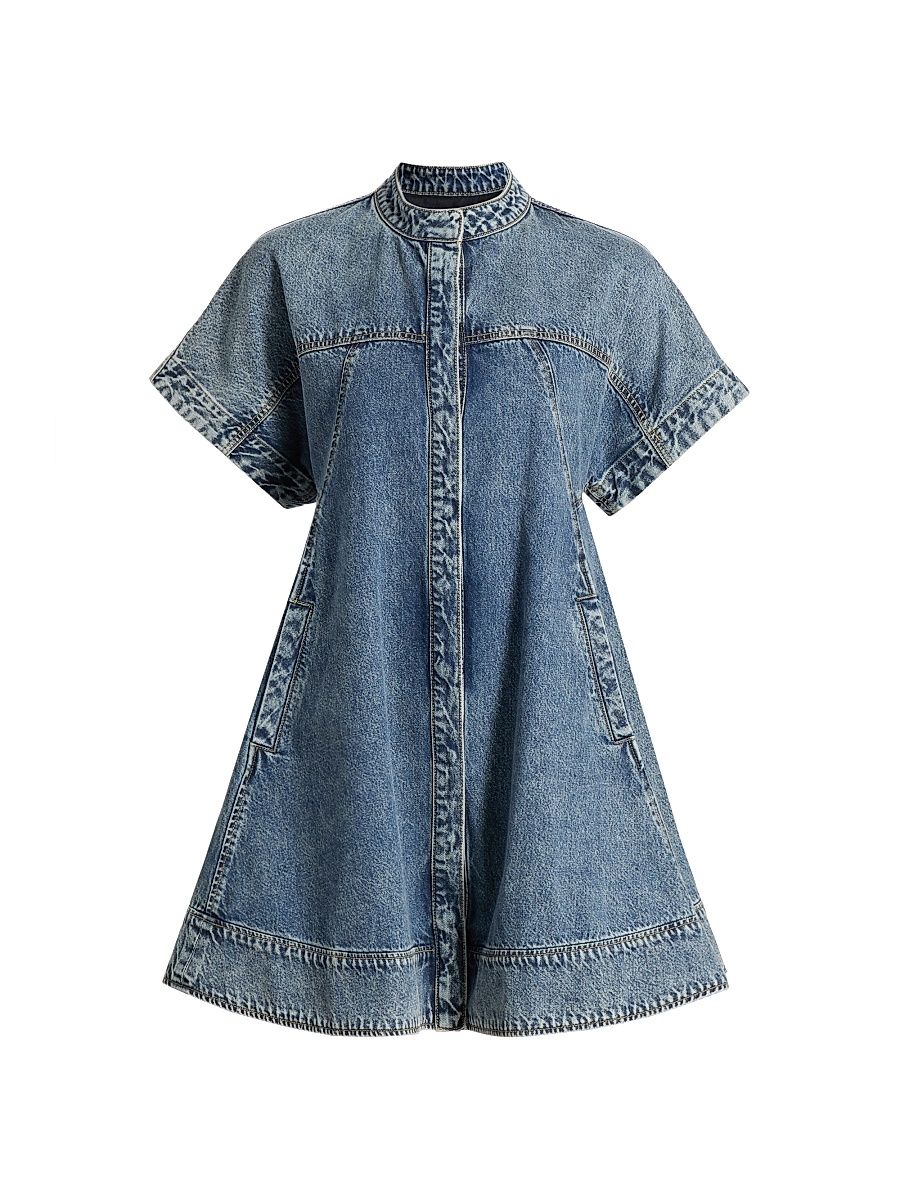 Women's Lightweight Cotton Denim Trapeze Minidress - Washed Medium Blue - Size Large