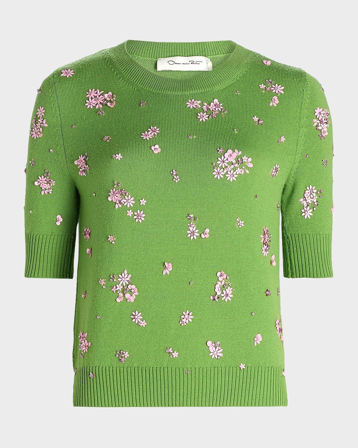 Cluster Embroidered Wool Short-Sleeve Sweater
