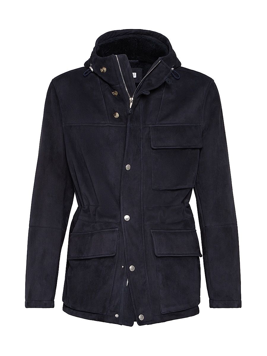 Men's Tone on Tone Suede Shearling Parka - Navy Blue - Size XXL