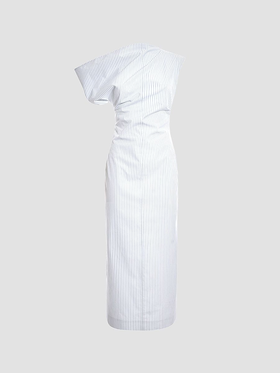 Women's Pinstriped Cotton Off-The-Shoulder Midi-Dress - Candido Fog Blue - Size 10