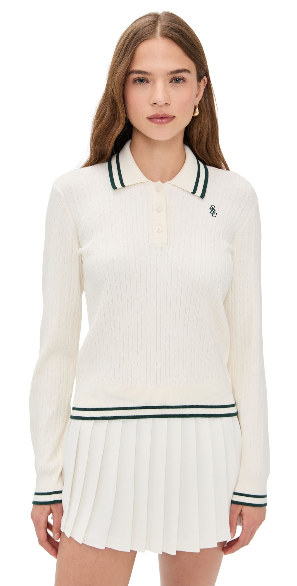 Sporty & Rich SRC Mini Cable Long Sleeve Polo Ecru/Forest S