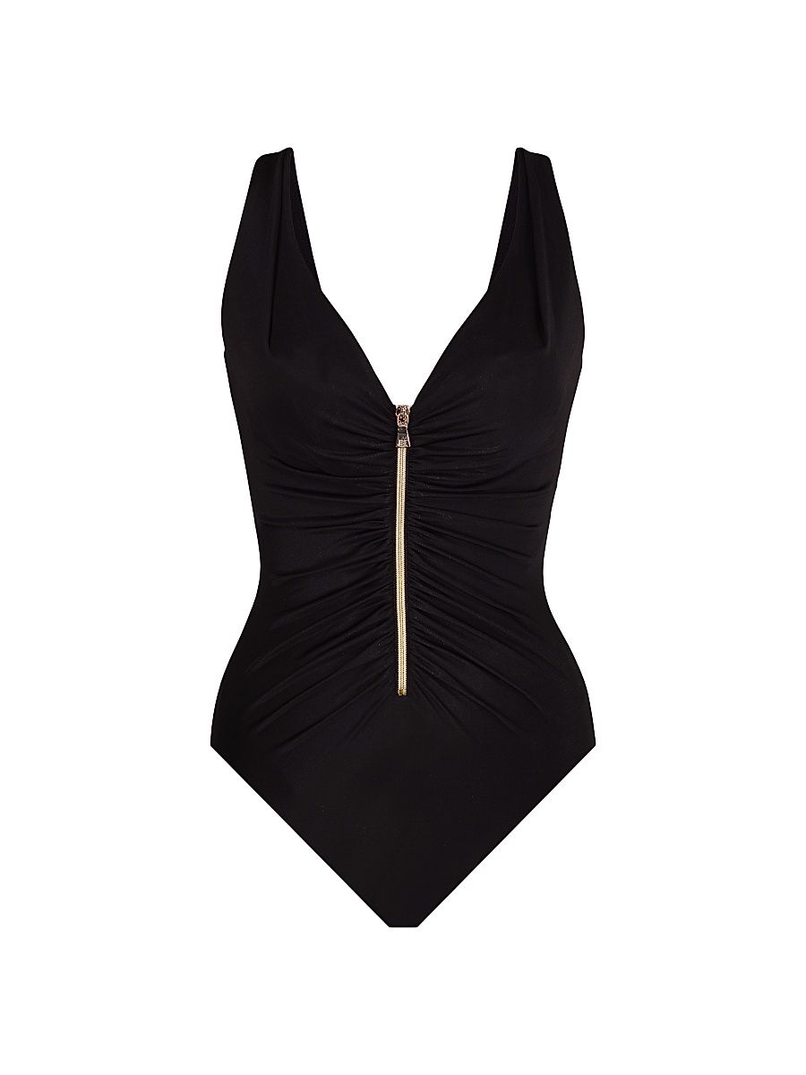 Women's Razzle Dazzle Zip One-Piece Swimsuit - Black - Size 16