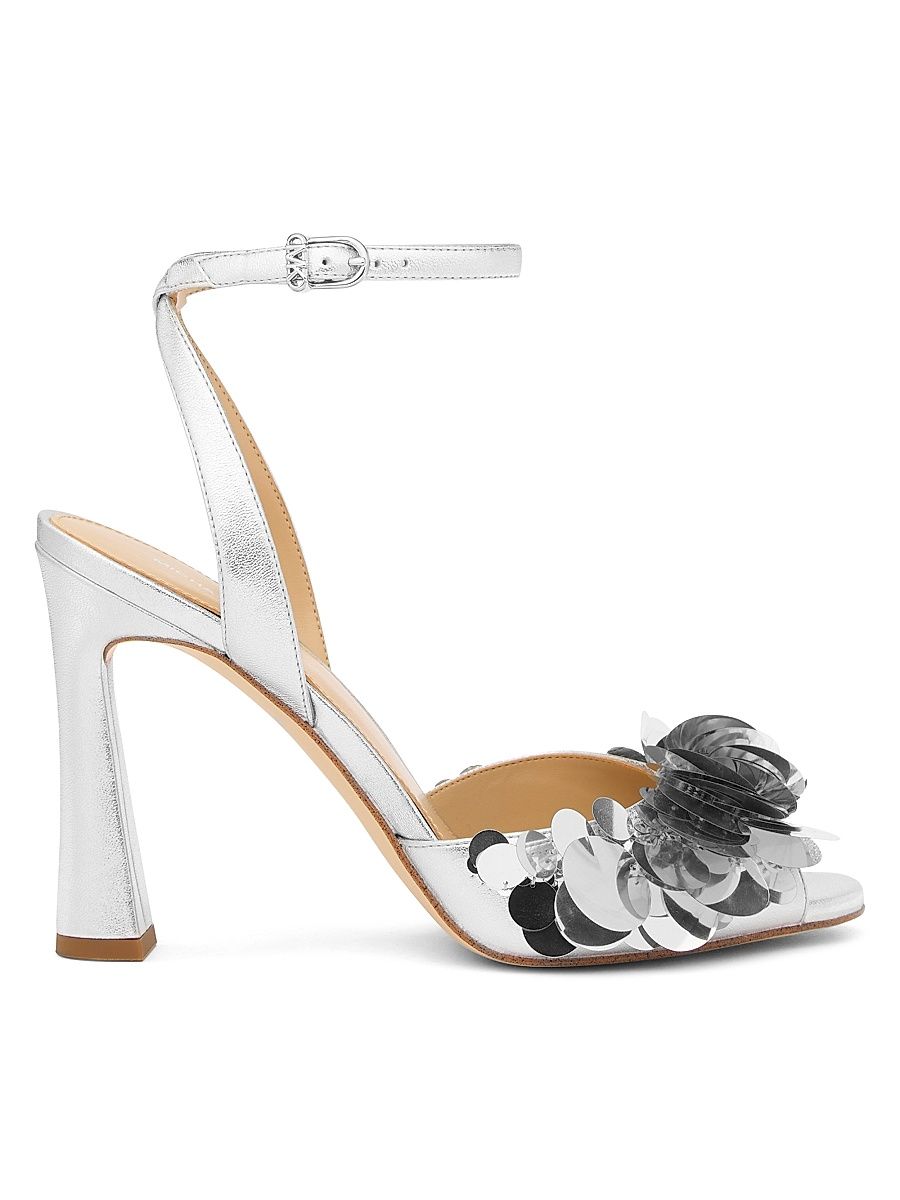 Women's Loretta 100MM Paillette Leather Sandals - Silver - Size 9.5