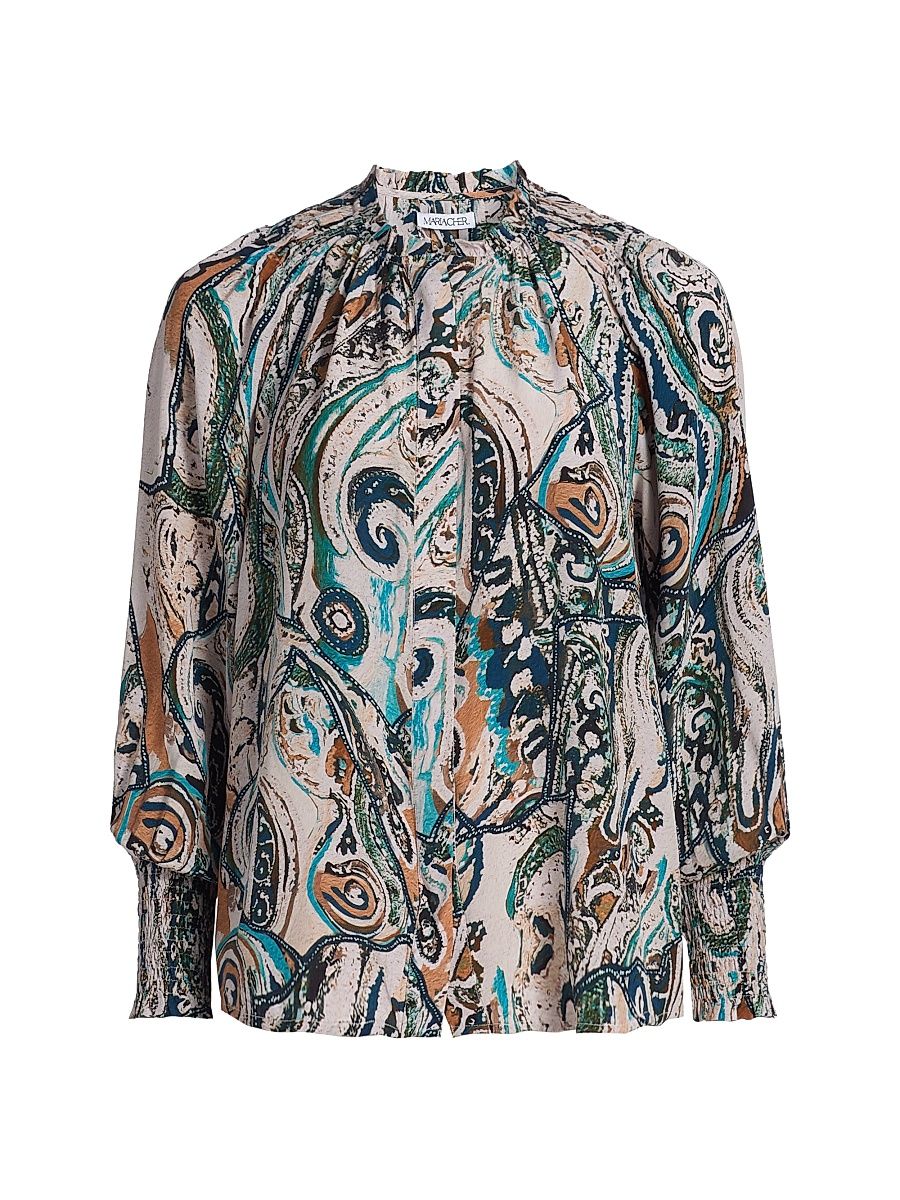 Women's Frank Julieta Printed Silk Blouse - Blue - Size XL