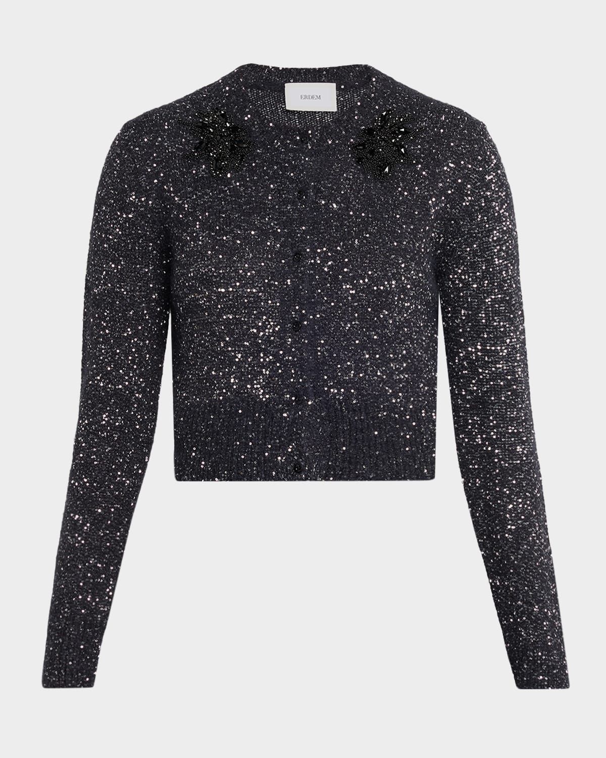 Crystal Embellished Paillette Knit Crop Cardigan