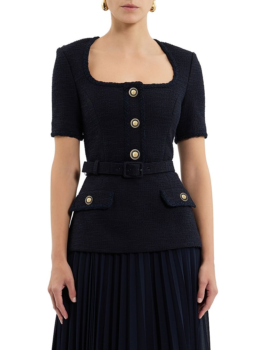 Women's Jonie Belted Mixed-Media Midi-Dress - Navy - Size 12