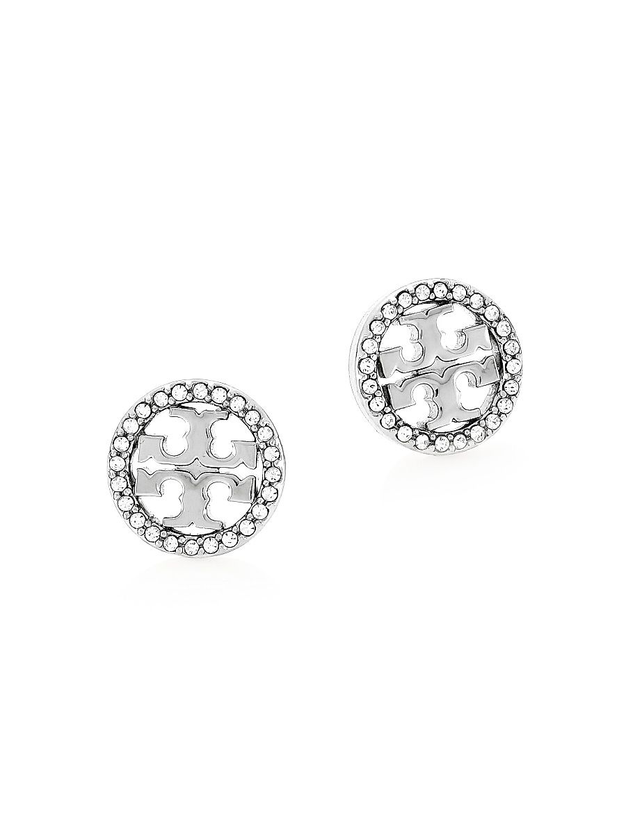 Women's Crystal Logo Silvertone Circle Stud Earrrings - Silver