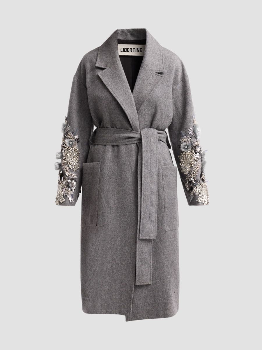 Libertine Women's Frosted Flowers Embellished Wrap Coat - Grey - Size Small