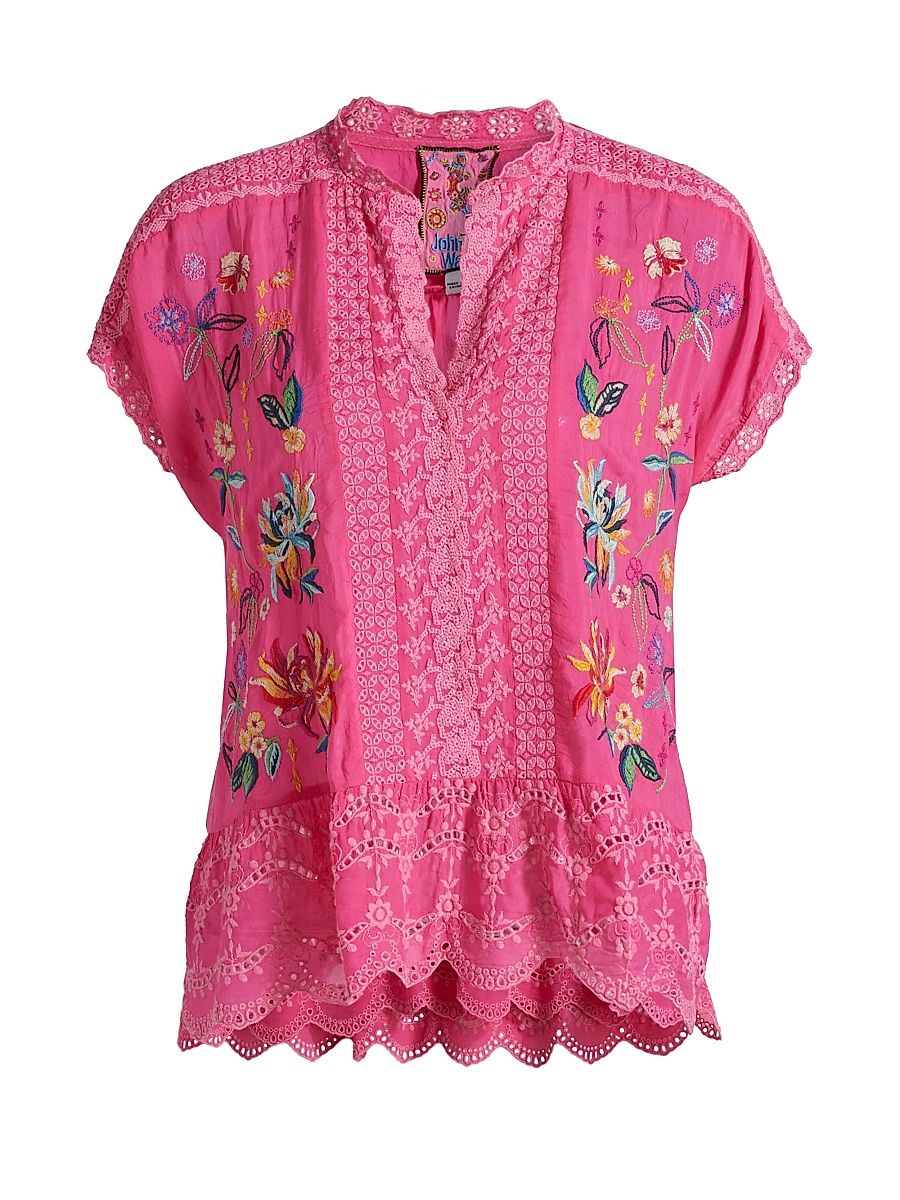 Women's Astrud Floral Embroidered Cotton Blouse - Fandango Pink - Size XS