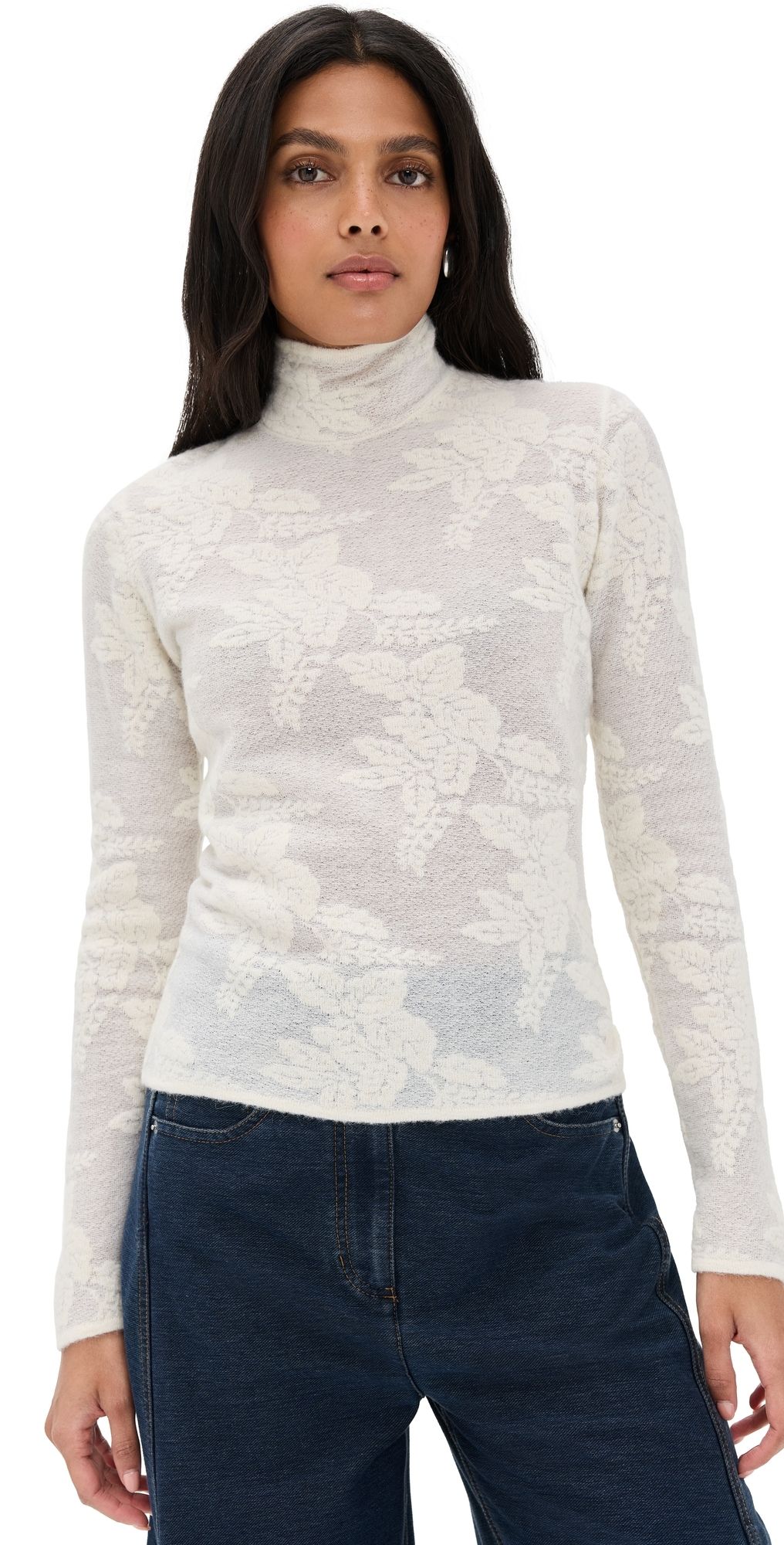 GANNI Sheer Flower Jacquard Mock Neck Egret XXS