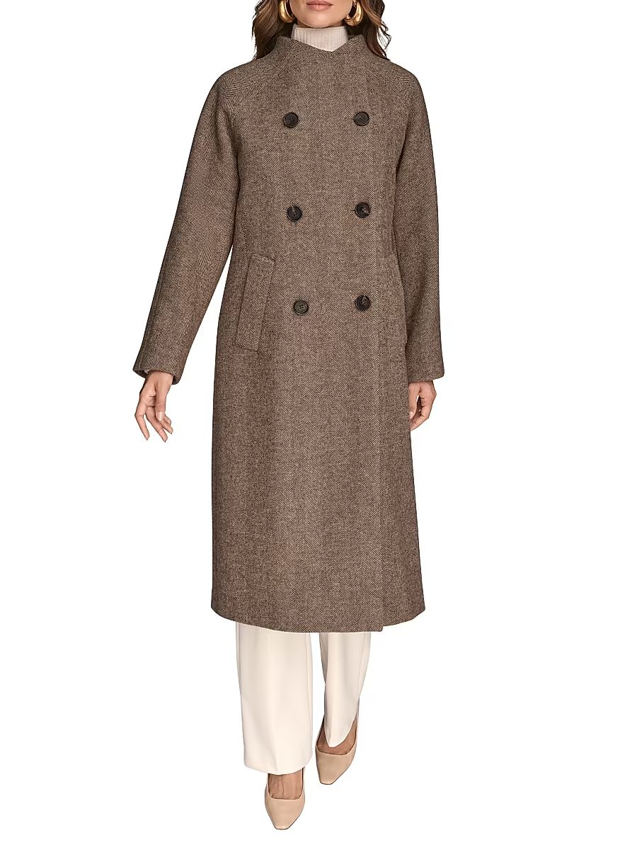 Women's Cocoon Double-Breasted Wool-Blend Coat - Brown Herringbone - Size Large