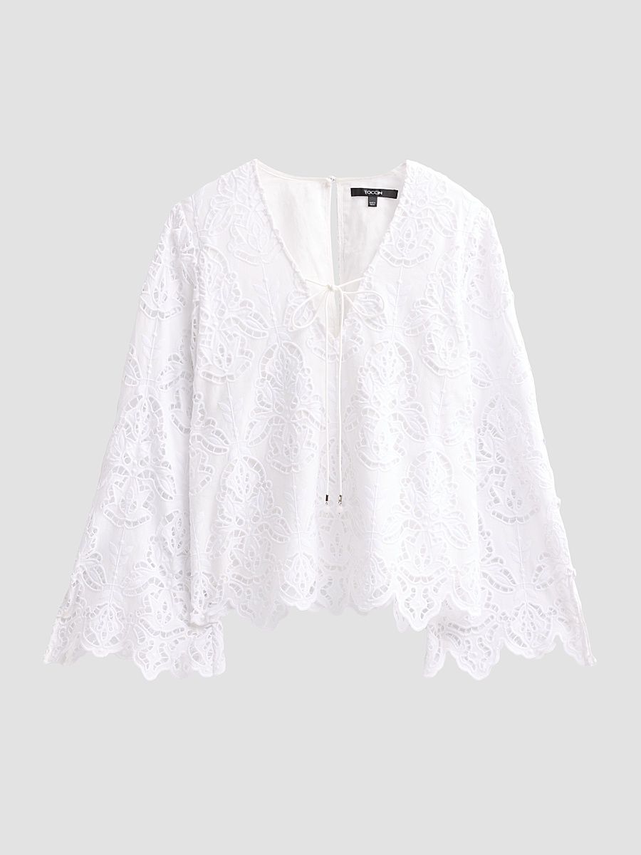 Women's Halina Broderie Anglaise Tieneck Blouse - Optic - Size XL