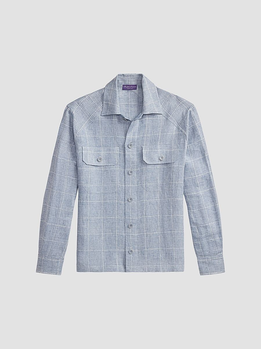 Men's Windowpane Glen Plaid Linen Sport Shirt - Blue Horizon - Size XXL