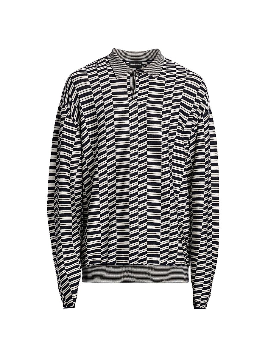 Men's Geometric-Print Virgin Wool-Blend Polo Sweater - Solid Medieval - Size 42