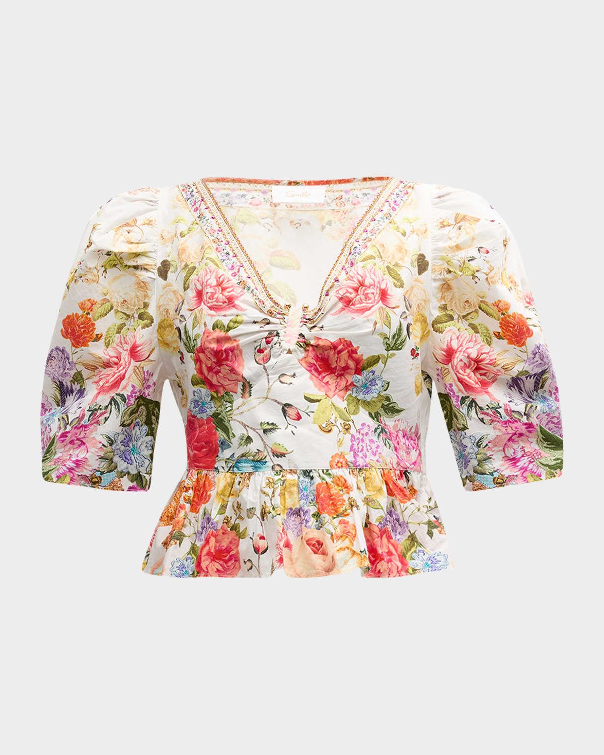 Puff-Sleeve Floral Cotton Top with Hardware