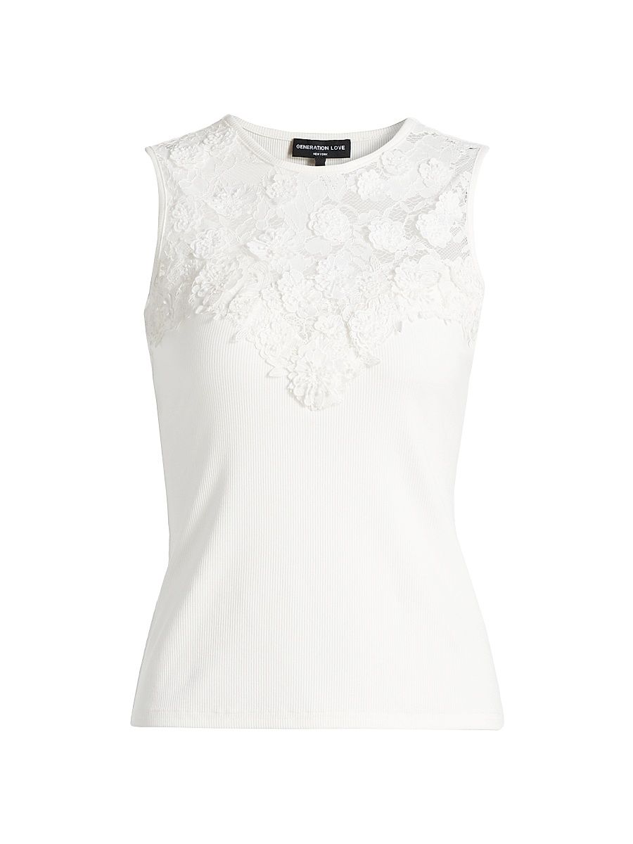 Women's Trina Floral Lace Cotton-Blend Jersey Tank - White - Size Small