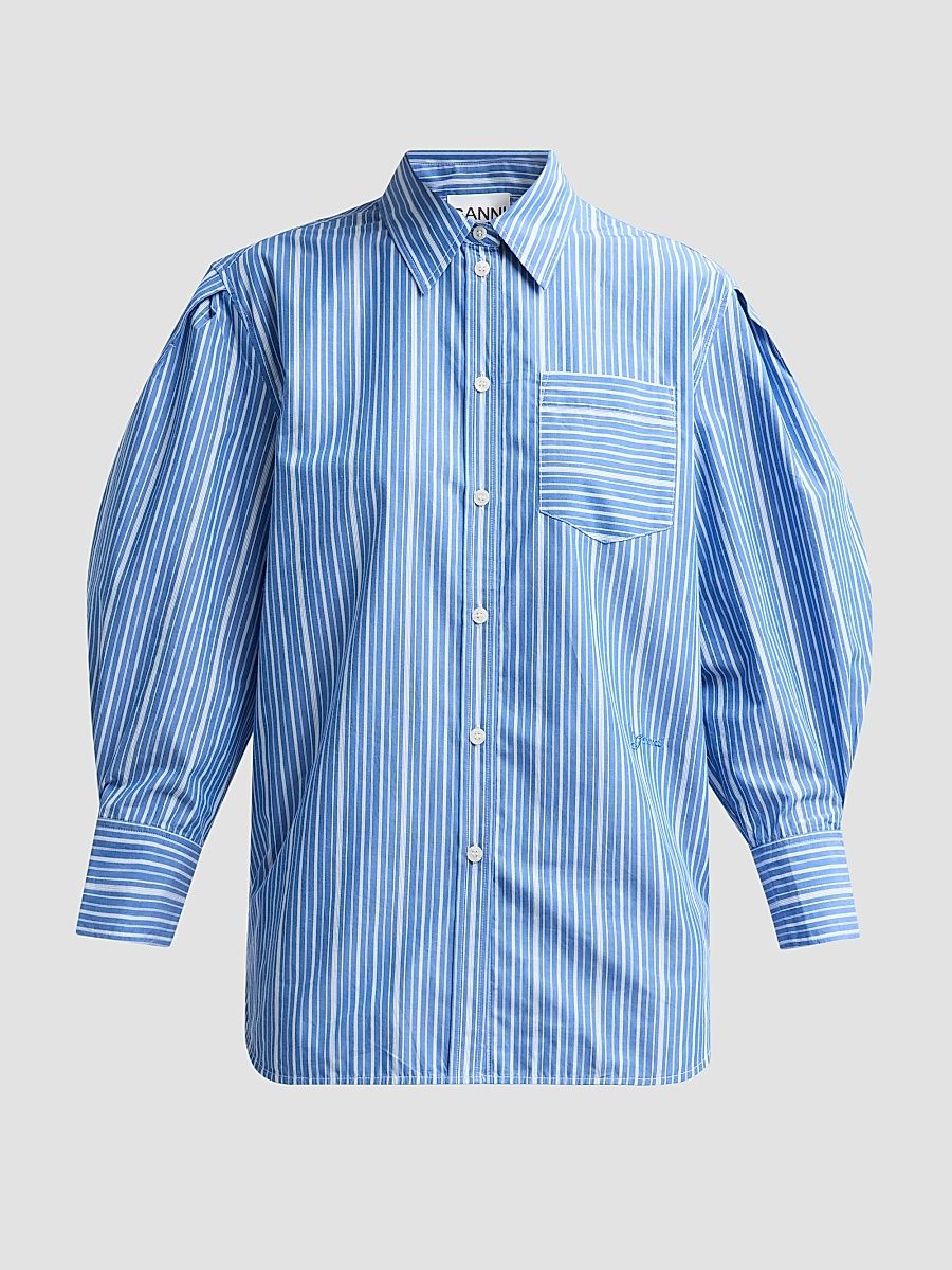Women's Striped Cotton Pleated-Sleeve Shirt - Nouvean Navy - Size 14