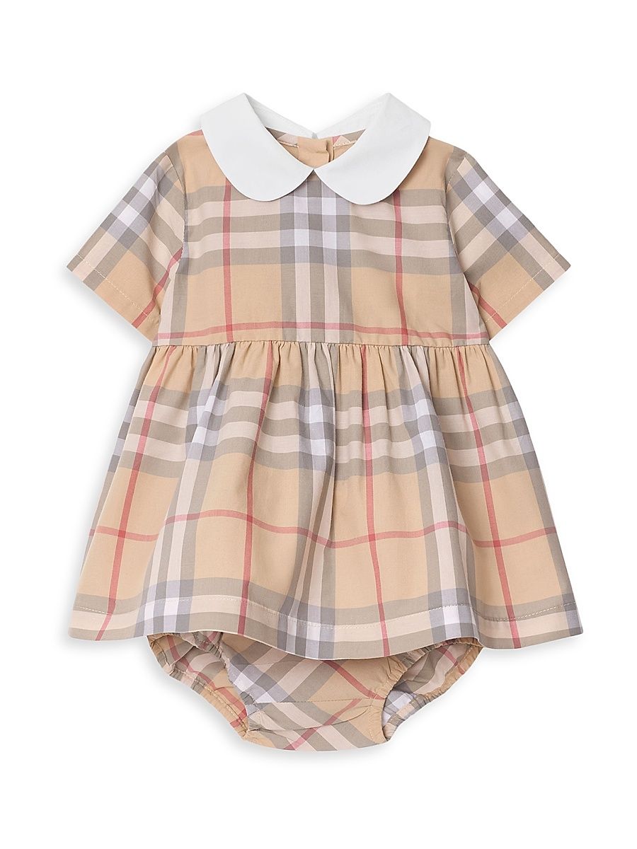 Baby Girl's Check Cotton Poplin Dress & Bloomers - Pale Stone Check - Size 9 Months