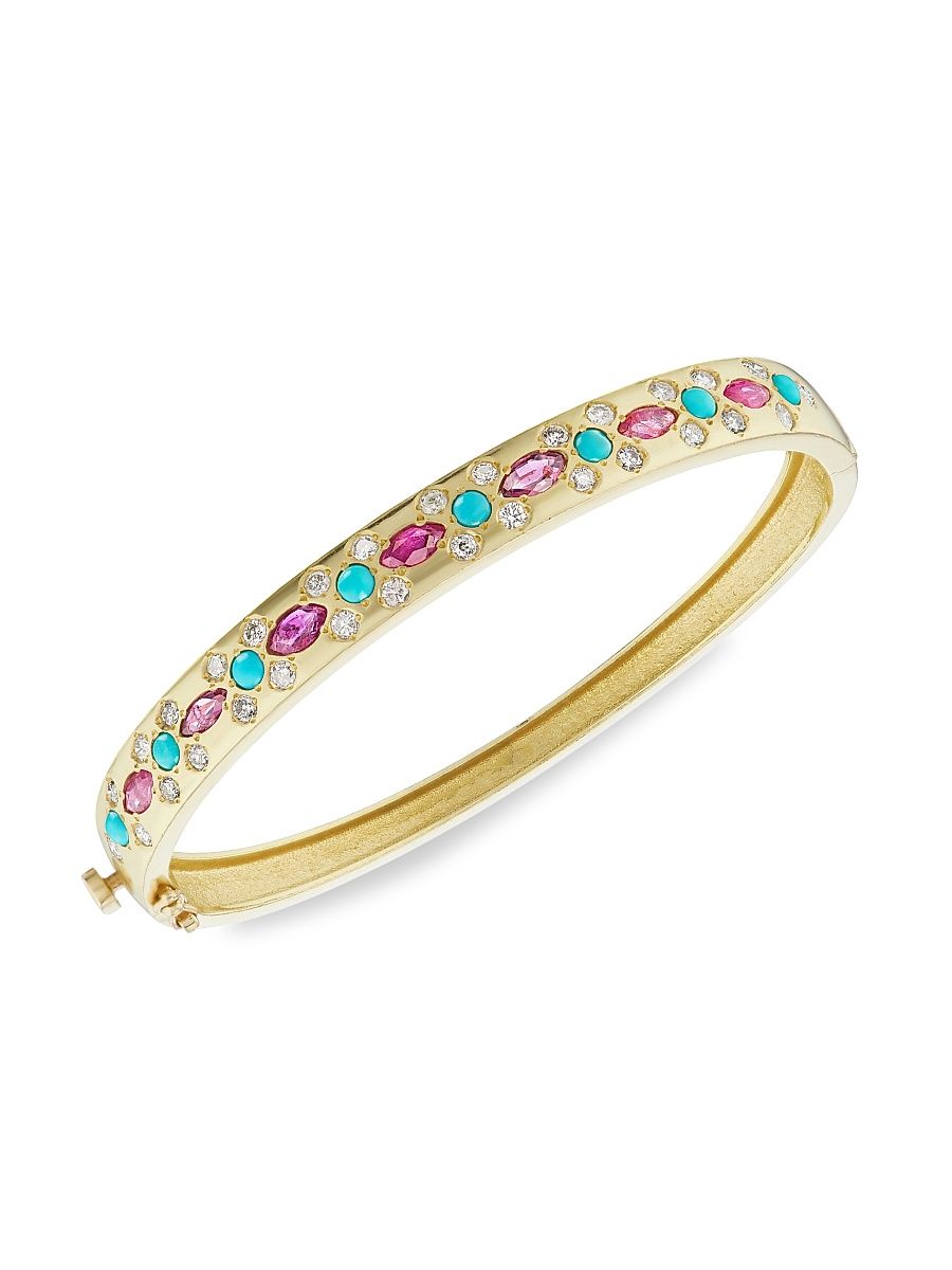 Women's 18K Yellow Gold, Turquoise, Ruby & Diamond Bangle - Size Medium