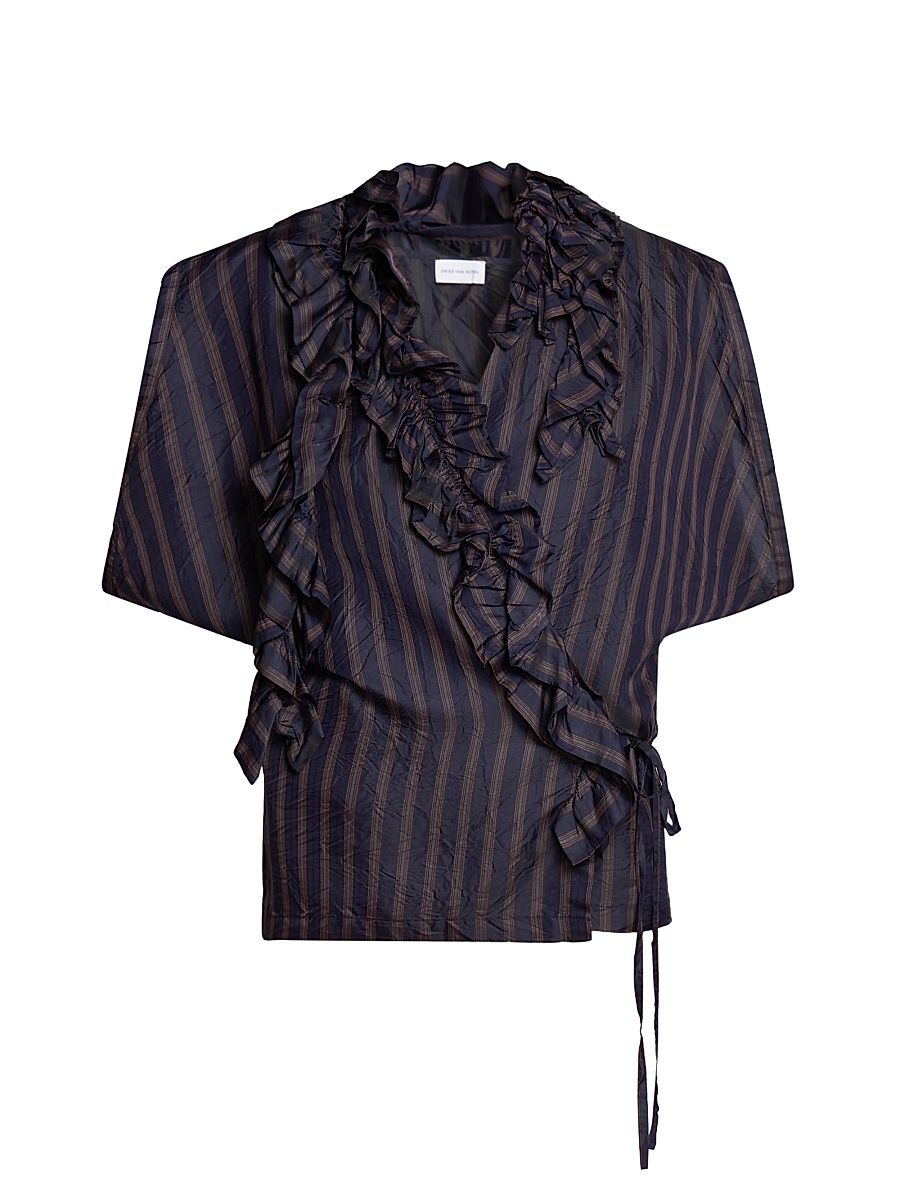 Women's Clematis Ruffled Striped Satin Wrap Shirt - Navy - Size 14