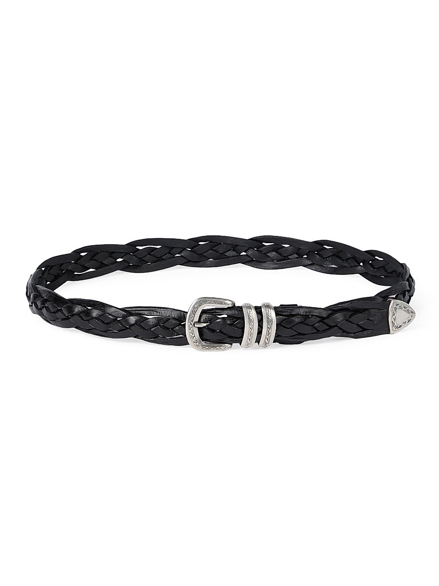 Men's Braided Calfskin Belt with Detailed Buckle and Tip - Black - Size 38