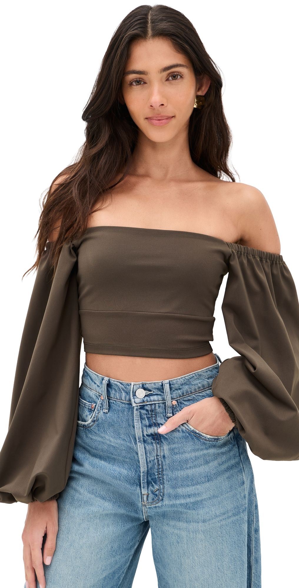 Susana Monaco Off-Shoulder Puff Sleeve Top Turkish Coffee XL