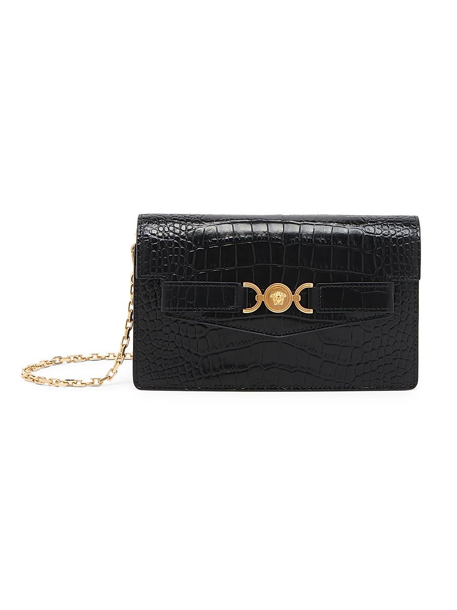 Women's Croc-Embossed Leather Wallet-On-Chain Shoulder Bag - Black Versace Gold
