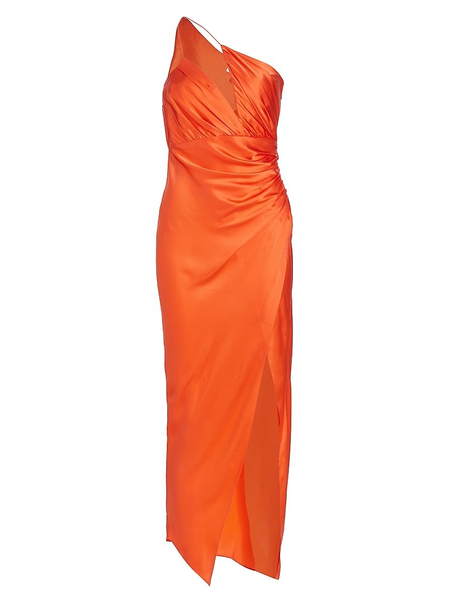 Women's Gathered Asymmetric Silk Dress - Orange - Size 10